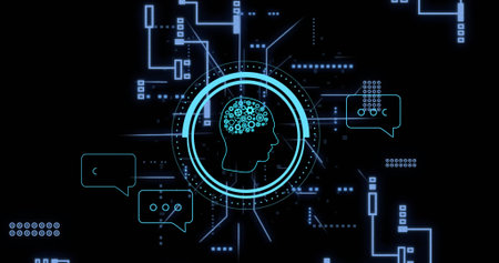 Glowing head silhouette pulsing inside digital UI, showing gears, rings, chat bubbles, traces. Neon,...