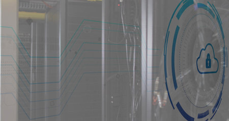 Showing glass-front server cabinets in data center, displaying patch cables and security HUD. Rack,...