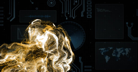 Swirling golden particle cloud occupying left in virtual dashboard, showing HUD panels and waveform....