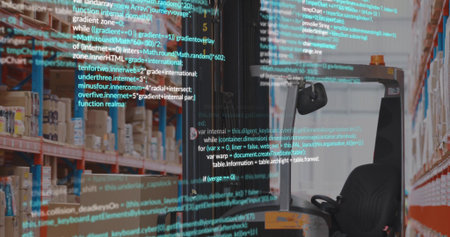 Sitting warehouse forklift cab occupying aisle, showing amber beacon, racks and code overlay....
