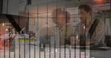 Working trio wearing blazer and plaid shirt analyzing overlay charts in office on laptops, tablet....