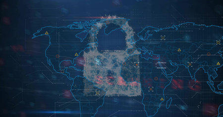 Displaying particle mesh padlock centered on network dashboard, showing world map and threat nodes....