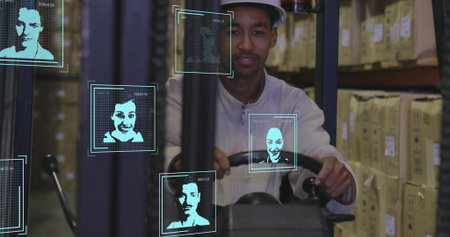 Driving forklift worker wearing hard hat, light zip-up, navigating warehouse racks, showing face UI....