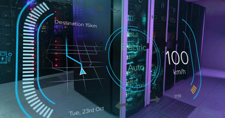 Projecting HUD graphics over glass server racks in data center aisle, showing LEDs and cabling....