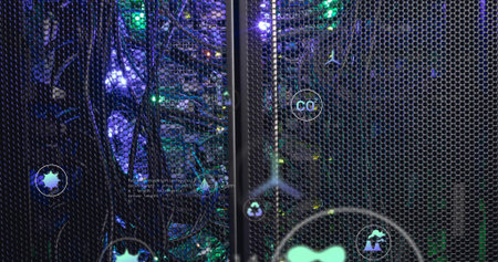 Showing servers and switches glowing through hexagonal mesh door in server room, with status icons....