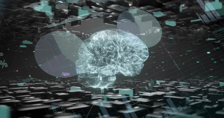Floating holographic wireframe brain pulsing above virtual grid plane, with tiles and data nodes....