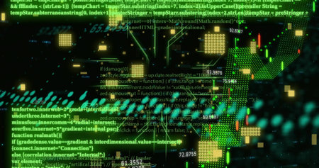 Displaying digital data view merging code lines, candlestick chart, numeric readouts on dark screen....