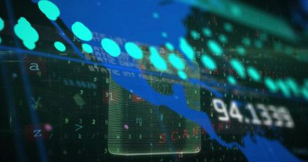 Displaying blue jagged line plot with bright teal data nodes on digital dashboard, showing 94.1388....