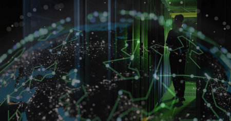 Holding tablet tech dark-clad scanning holographic globe by rack LEDs in server aisle, copy space....