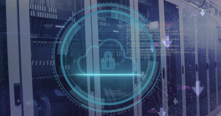 Displaying cloud-lock HUD hovering over glass-fronted racks, with server blades and LED lights....