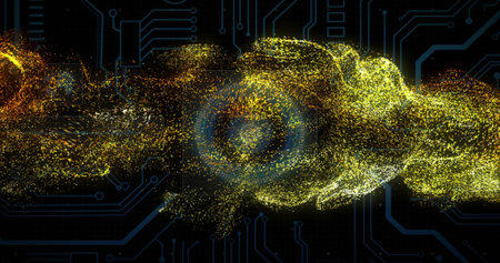 Swirling golden particle cloud forming vortex ring in digital circuit background, showing blue halo....