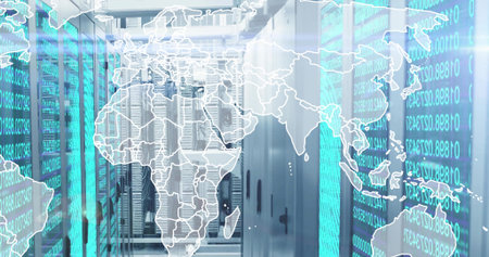 Glowing server racks forming central aisle in data center, projecting world map and numeric streams....