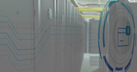 Showing circular security HUD over server aisle, with server racks and overhead cables, copy space....