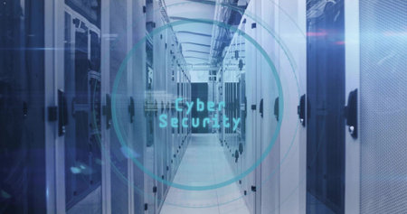 Featuring central server cabinets under cyan holographic Cyber Security overlay, with glass doors....