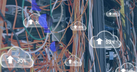 Vertical video: Servers initiating sync, messy cables sending data while cloud UI showing upload %....