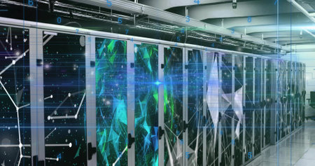 Displaying glass-fronted server racks showing LED indicators and blue overlays in server room aisle....