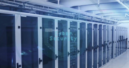 Lining glass server cabinets showing rack servers, patch panels and overhead trays in datacenter....
