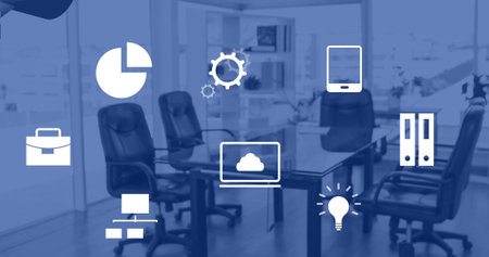 Vertical video: Office table and chairs centered, briefing starting showing pie chart icon for biz....