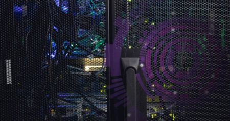 Displaying server rack cabinet showing perforated door, handle in data center, with purple decal....
