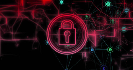 Glowing neon padlock icon pulsing inside concentric rings in virtual network, with hexagon nodes....