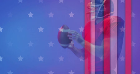 Holding football helmet facemask red jersey pads gripping pass on studio, flag overlay, copy space....