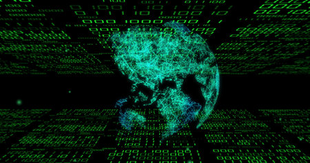 Rotating turquoise wireframe globe emitting cyan glow in cyberspace, with green binary grid....