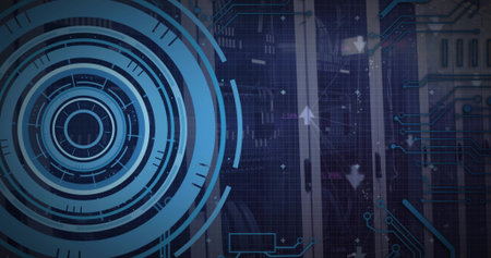 Displaying blue concentric HUD graphic dominating left side in data center, showing server racks....