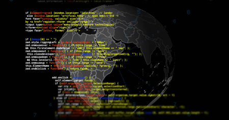 Rotating semi-transparent 3D globe showing code in dark digital scene, southern Africa heatmap....