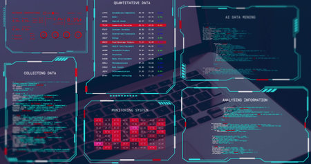 Displaying HUD panels hovering over laptop keyboard and trackpad at desk, showing heatmap grid....