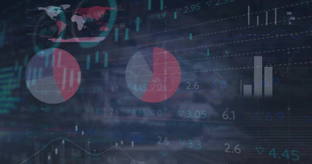 Displaying market dashboard on dark screen, showing two pie charts, candlestick and line charts....