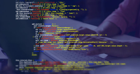 Typing female coder wearing dark purple sweater, pressing laptop keys at desk with syntax overlay....
