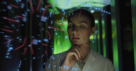 Analyzing researcher wearing white lab coat, studying hologram display in data corridor with racks....