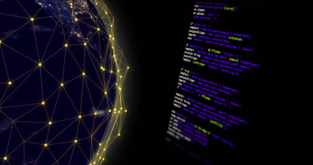 Displaying stylized globe on left over black background, showing yellow network mesh and code panel....