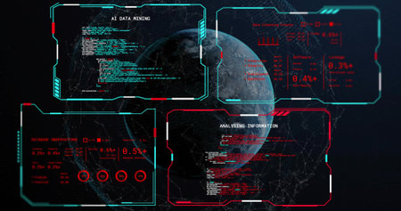 Displaying 3D rendered globe rotating at center in dark starfield, with cyan red HUD panels, mesh....