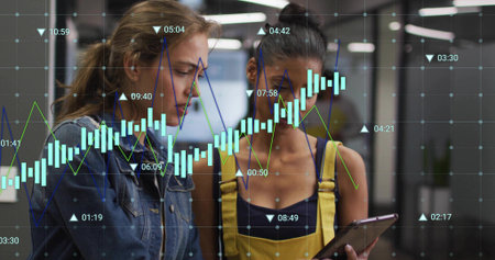 Analyzing coworkers in denim jacket and yellow overalls viewing tablet in office, data overlay....