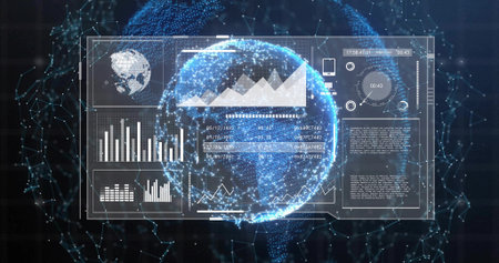 Displaying holographic particle globe with clear dashboard in network backdrop, showing charts....