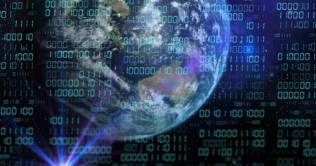 Showing Earth globe with clouds oceans lands in starfield, overlaying binary digits and purple beam....