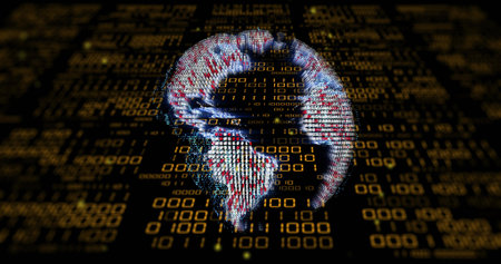 Showing stylized 3D globe glowing and rotating in virtual data environment, with golden binary grid....