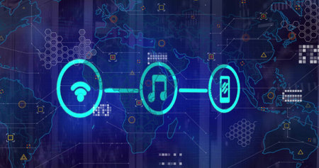 Displaying three glowing cyan icons WiFi, music note, phone linking across world map, with hexes....