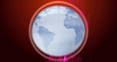Rotating stylized globe showing blue continents in digital backdrop, glowing rim and magenta smoke....