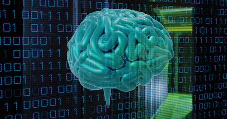 Floating 3D teal brain model hovering over virtual data backdrop, showing binary streams and panels....