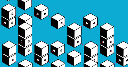 Displaying isometric cube pattern across cyan backdrop, featuring stacked modules with ports....