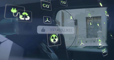 Displaying AR interface with green icons and 337,492 LIKES on parked car window, reflecting woman....