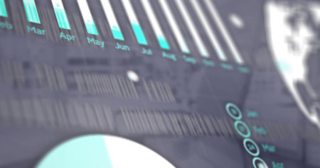 Displaying analytics dashboard UI on screen, showing month bar chart, donut chart, metric icons....