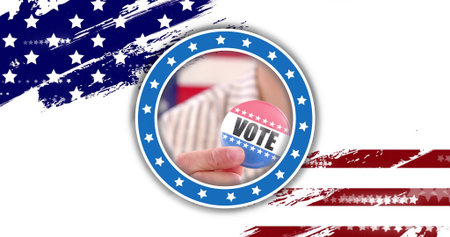 Pinching hand holding round VOTE button on white canvas, showing blue star-ring and striped shirt....