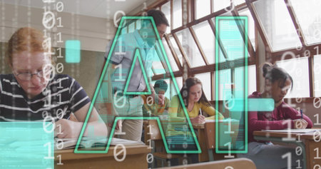Hovering teal AI graphic covering class, teens writing on notes at desks, teacher in collared shirt....