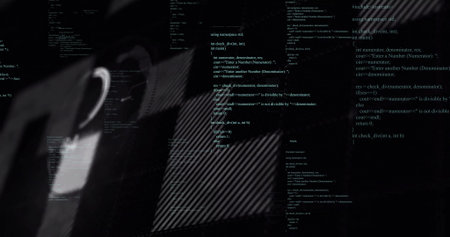 Leaning man, suit and tie at dark backdrop, with cascading code and diagonal panel, copy space. Silhouette, business, technology, abstract, moody, minimalist, interfaceの写真素材