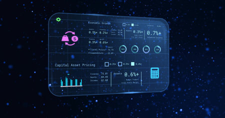 Floating hologram finance dashboard showing live metrics over deep starfield, with rings, bar chart....