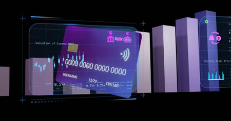 Hovering hologram credit card centered in finance dashboard showing EMV chip, tap icon, 3D bars....