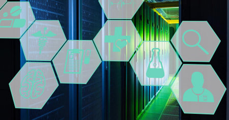 Showing server racks with floating medical hexagons in data center corridor, lit by LEDs. Cabinet,...